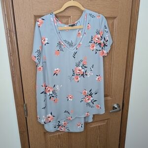 Torrid Floral Blouse in Light Blue and Coral